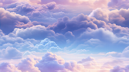 Sticker - Fluffy volumetric day clouds against a blue pink sky background. 