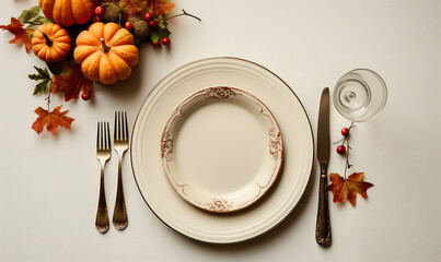 Top view of round plate with fall pumpkins, copy space for text. Creative fall menu banner, halloween party catering.