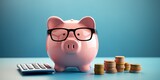Fototapeta Do akwarium - Pink piggy bank with eyeglasses and calculator, concept of savings and investments. Generative AI