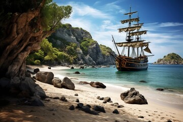 Landscape with a pirate ship anchored on an island. Generative AI