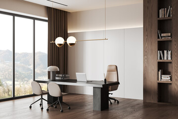 Wall Mural - Stylish office interior with chairs and table, shelf and panoramic window