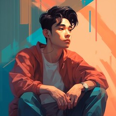 Wall Mural - Asian young man in thinking and doubts illustration. Male hipster character with dreamy face on abstract background. Ai generated bright drawn colorful poster.