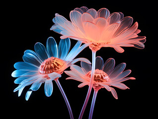 pink neon daisy flowers on a black background with blue light