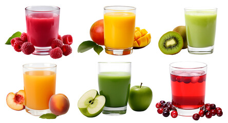 Canvas Print - Freshly pressed Fruit vegetable juice smoothie with fruits veggie toppings on transparent background cutout. PNG file. Many assorted different flavour. Mockup template for artwork design