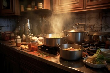 Poster - Steamy cooking pan resting on a kitchen countertop. AI-generated.