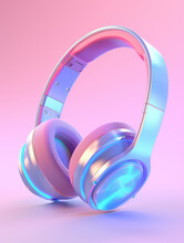 Round Headphones In Metallic Purple Color Isolated On A Flat Pastel Light Background With Copy Space. UI Music, 3d Render Icon Illustration.