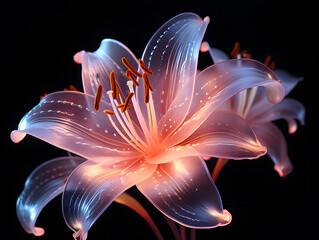 Wall Mural - Beautiful pink lily flowers on a black background close-up