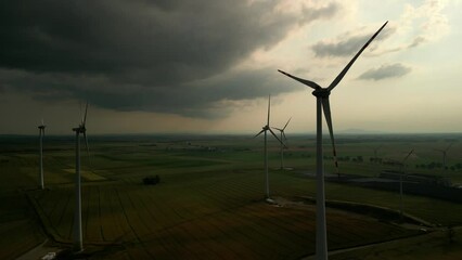 Sticker - Aerial footage of windmills on green fields at sunset with dramatic sky