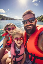 Happy Father And Daughters On Boat Wearing Orange Life Jackets	