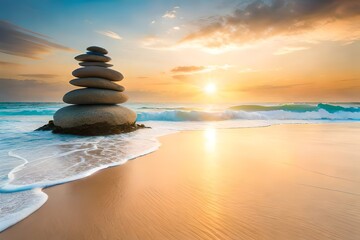 Summer sand and tropical sea background with abstract stone podium.AI generated