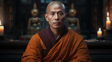 Traditional Buddhist Monk Older Man. Sitting In Old Temple With Golden Statues. Serious Look Centered Portrait. Concept Of Religion, Robes, And Praying.