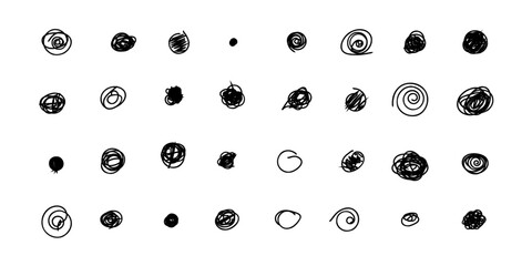 Wall Mural - Set of hand drawn doodle circles in a grunge style. Scribble doodle circle and point. Collection black shapes dots and drops. Vector illustration for bullet journal. Isolated white background.