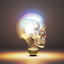 Glowing Lightbulb In Shape Of Skull Isolated On Plain Brown Studio Background