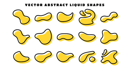 Wall Mural - Outline blob shapes, fluid or liquid round abstract elements. Black and yellow simple blotch water forms. Flat vector illustration.