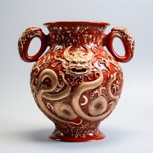 Enchanting 19th Century William De Morgan Vase: Red Lustre And Mythical Feline Beasts On Floral Ground, Featuring Loop Handles (One Handle Slightly Damaged)