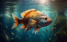 Fish Underwater, Freshwater Body Of Water, View From The Depth Of The Water, Generative Ai