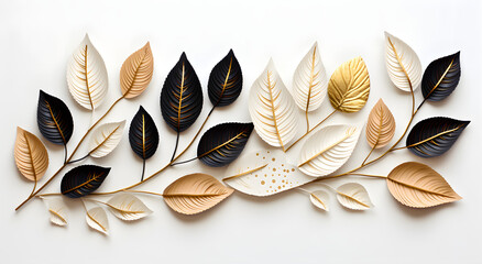 Golden and black Autumn leaves isolated on white background