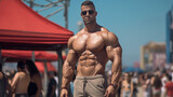 Large Shirtless Muscular Man at Beach Concert off Muscles. Sunglasses. Six Pack. Biceps. Concept of Body Builder, Fitness, Outdoors, and Hunk.