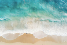 Ocean Waves On The Beach With Blue Water Waves As A Background, Aerial Top Down View Of Beach And Sea