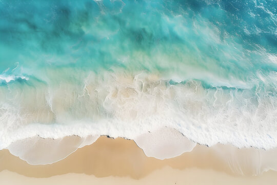ocean waves on the beach with blue water waves as a background, aerial top down view of beach and se