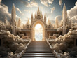 The bright side of heaven contrasts with the duller foreground, depicting the pearly gates of heaven open. Generative AI