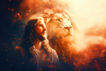 Double exposure lion and Jesus Christ