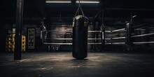 AI Generated. AI Generative. Dark Vintage Retro Old Gym Boxing Bag Fitness Sport Martial Arts Room Interior. Graphic Art
