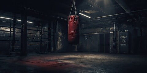 AI Generated. AI Generative. Dark vintage retro old gym boxing bag fitness sport martial arts room interior. Graphic Art