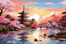 Digital Painting Fantasy Painting Of A Chinese Temple At Sunset, Digital Illustration, Illustration Painting (ai Generated)