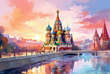 Fototapeta Londyn - oil painting on canvas, Russia. Artwork. Big ben. a boat in the river. Building. famous travel. Bridge and river (ai generated)