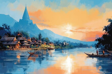 Oil Painting On Canvas, Village And Bungalows Along Nam Song River In Vang Vieng, Laos. (ai Generated)