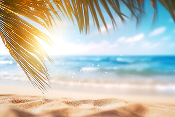 Wall Mural - sunlight on the beach behind palm tree with blue ocean and blue sky Generative AI