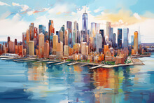 Oil Painting On Canvas, Manhattan Skyline Panorama At Sunset , New York City, USA. (ai Generated)