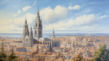 Oil Painting On Canvas, View Of Toledo Cathedral In Sunny Day, Spain. (ai Generated)