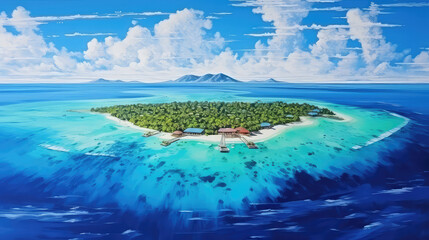 Wall Mural - oil painting on canvas, Beautiful drone aerial view of w Maldives. (ai generated)