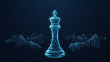 Abstract Low Poly 3d King Chess Piece In Front Of Defeated Chess Figures. Digital Vector Mesh Consisting Of Blue Lines, Dots And Triangles Isolated In Black Background. Leader Success Business Concept
