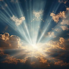 Wall Mural - A photo overlay of sun rays streaming through clouds generative AI