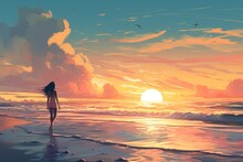Solitude At Sunset: A Captivating Anime Woman Walking To The Sun At The Beach, Generative AI