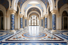 Grand Ornate Hall With Blue And White Tiled Floor And Floral Patterns