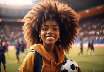 Beautiful smile attractive afro girl as soccer fan with blurred stadium filled with person