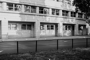 Sticker - a black and white photo of a city street in Hungary