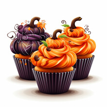 Halloween Monster Cartoon Cupcakes Isolated On A White Background, AI Generation
