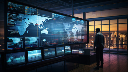 Create a high-tech cargo tracking center with an array of large display screens, providing real-time data on the location and status of cargo shipments worldwide, ensuring precisio Generative AI