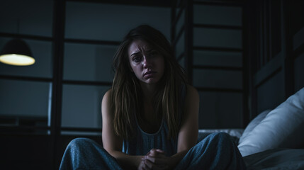 Wall Mural - Depressed woman lying in bed can't sleep late at morning with insomnia.