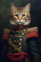 Simulation Of A Classic Oil Painting Of A Cat In Military Clothing In Renaissance Style
