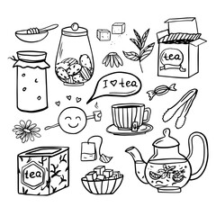 Wall Mural - Cute set of tea theme elements in doodle style. Hand drawn. Vector illustration EPS10. Isolated on white background