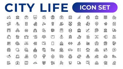 City life line icons, signs, Line Icon set.  Editable vector icon.