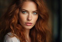 Woman With Long Red Hair And White Top, Green Eyes