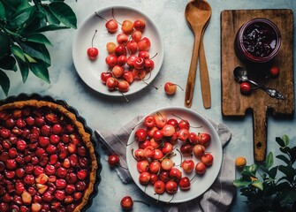 Sticker - Top view of a cherry pie on a white background with a selection of fresh cherries around it