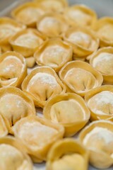 Wall Mural - Raw stuffed homemade pasta cappelletti on a tray. Close up.